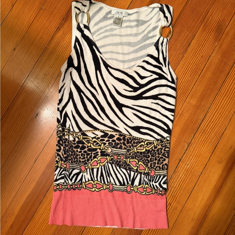 Cache zebra and pattern tank top with metal sleeve detail Y2K
